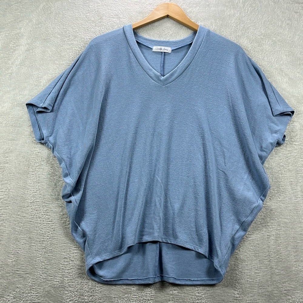 Charlotte Avery Knit Top Size S Blue Short Dolman Sleeves Relaxed Fit V Neck
